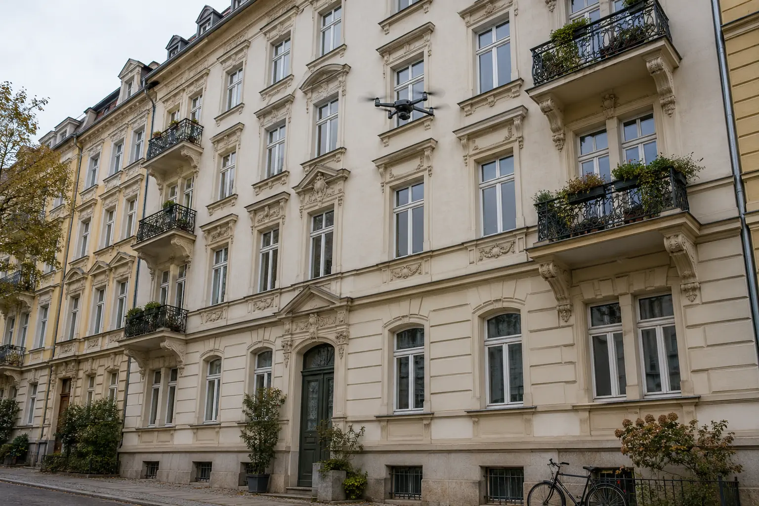 Inspektionsdrohne vor der Fassade eines sanierten Gründerzeit-Wohnhauses